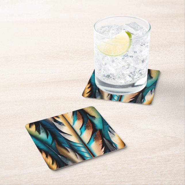 Guld & Teal Feather Art Underlägg Papper Kvadrat (Insitu)