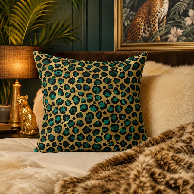 Guld & Teal Glam Leopardtryck Kudde (Skapare uppladdad)