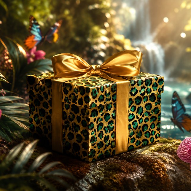Guld & Teal Glam Leopardtryck Presentpapper (Skapare uppladdad)