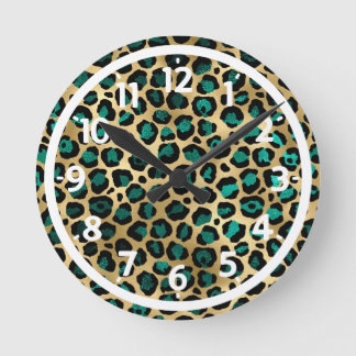 Guld & Teal Glam Leopardtryck Rund Klocka