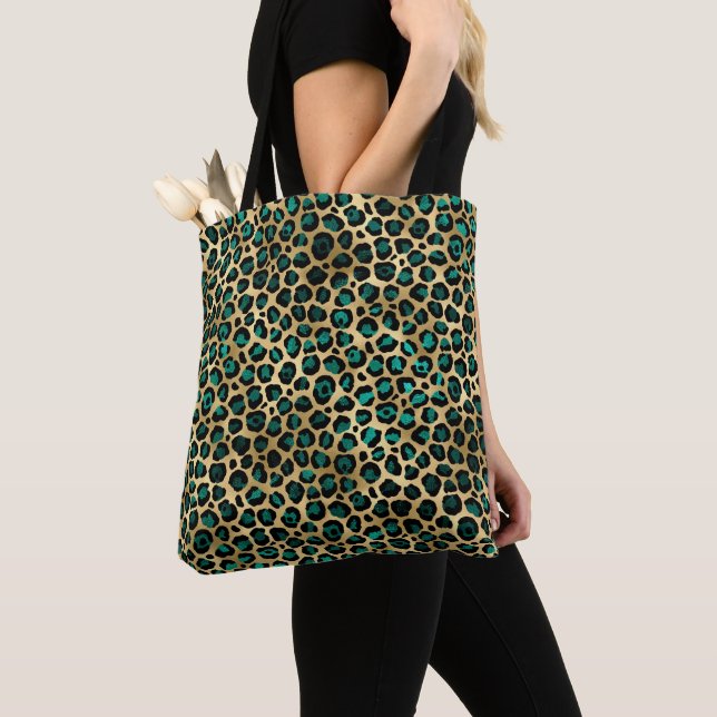 Guld & Teal Glam Leopardtryck Tygkasse (Närbild)