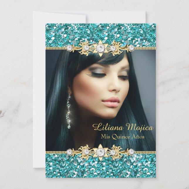Guld Teal Glitter & Jewel Bow Quinceanera Inbjudningar (Framsida)