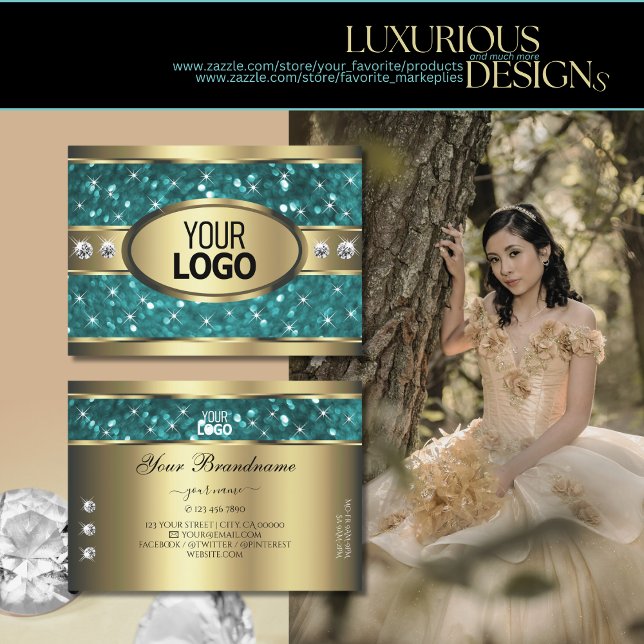 Guld Teal Glitter Luminous Stars Diamonds lägger t Visitkort (Skapare uppladdad)