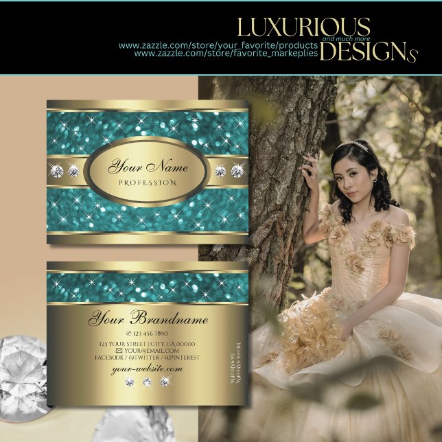 Guld Teal Glitter Luminous Stars Diamonds Quality Visitkort (Skapare uppladdad)