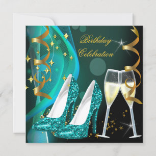 Guld Teal Glitter Skor Champagne Födelsedagsfest Inbjudningar