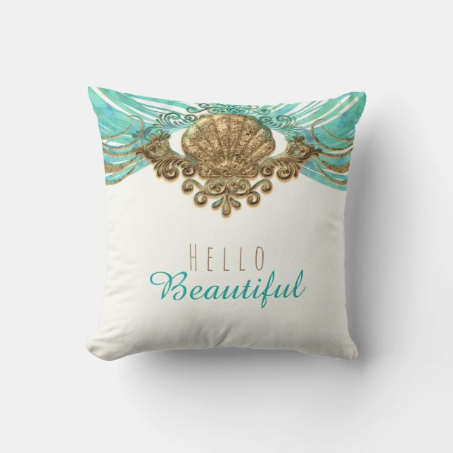 Guld & Teal Havsskal Glam Strand Elegant Anpassad Kudde (Framsida)