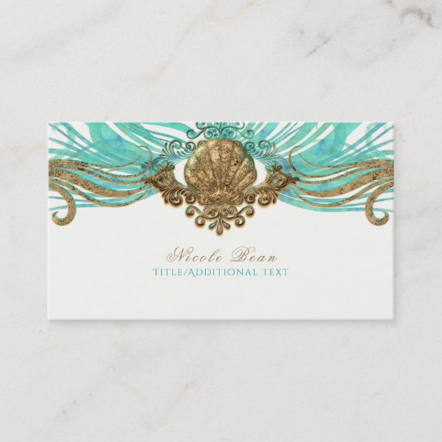 Guld & Teal Havsskal Glam Strand Elegant Anpassad Visitkort (Framsida)