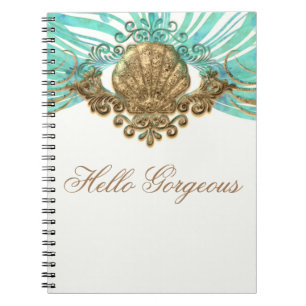 Guld & Teal Havsskal Glam Strand Elegant Dagbok Anteckningsbok Med Spiral