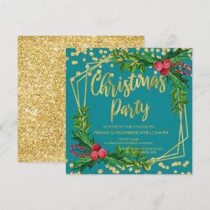 Guld Teal Holly Glitter julinbjudan Inbjudningar