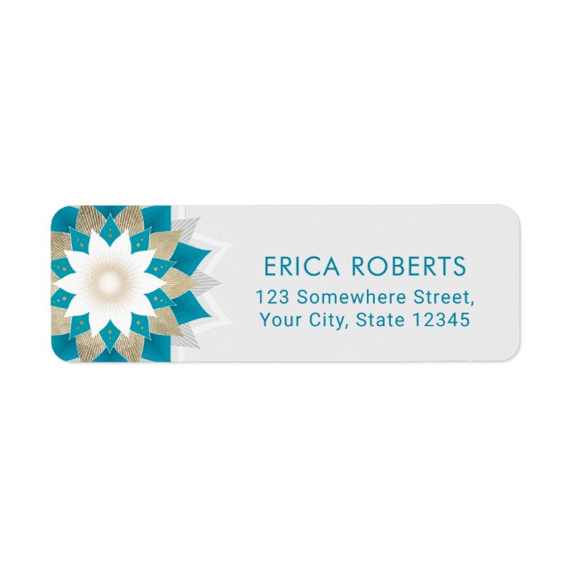 Guld & Teal Lotus Flower Mandala Elegant Returadress Etikett (Framsidan)