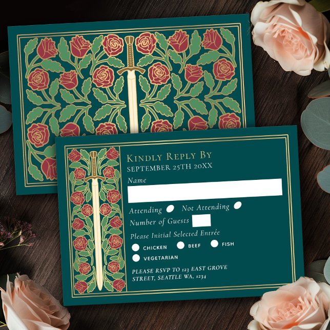 Guld Teal Medeltida Blommig Svärd Bröllop RSVP OSA Kort (Skapare uppladdad)