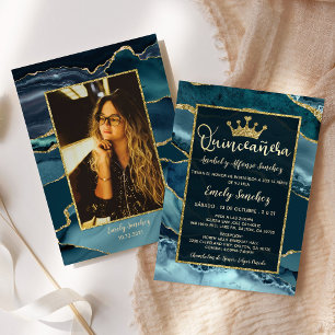 Guld Teal Mint Agate Quinceanera Photo Spain Inbjudningar