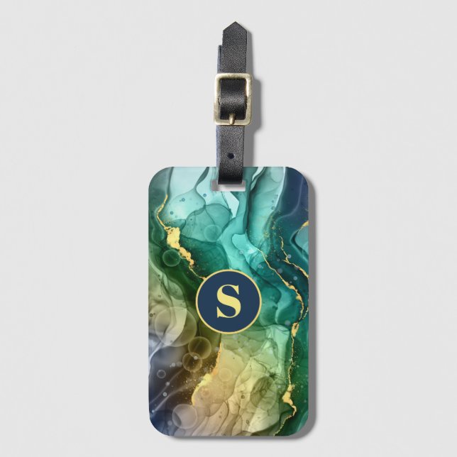 Guld, Teal & Mörk Grått Liquid Bläck, DIY Monogram Bagagebricka (Framsida vertikal)