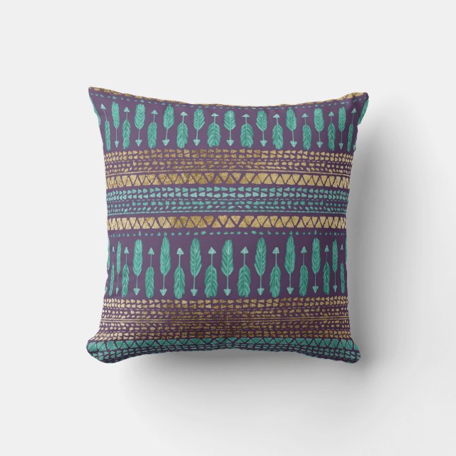 Guld Teal och Lila Pilar Tribal Aztec Mönster Kudde (Framsida)