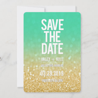 Guld Teal Ombre Glitter Spara datum Typografi Inbjudningar