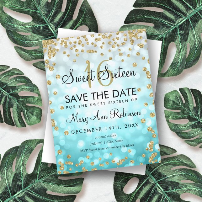Guld Teal Ombre Sweet 16 Save the Date Glitter Inbjudningar (Skapare uppladdad)