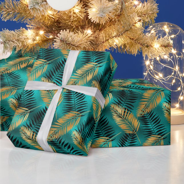 Guld Teal Palmlöv | Lyxigt Tropiskt Mönster Presentpapper (Helgdagar)