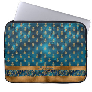 Guld Teal Pineapple Blommigt Elegant Namn Laptop Fodral