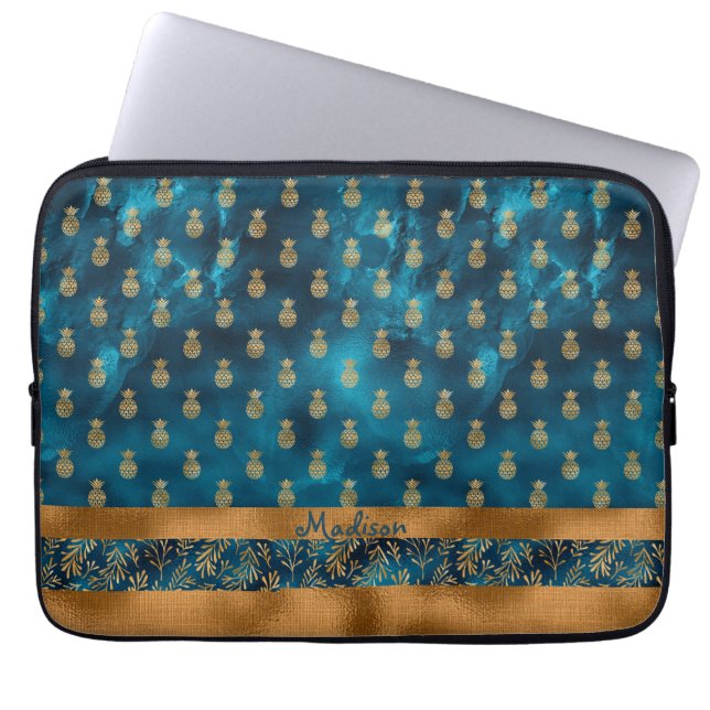 Guld Teal Pineapple Blommigt Elegant Namn Laptop Fodral (Framsidan)