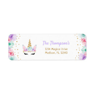 Guld Teal Rosa Lila Unicorn Returadress Etikett