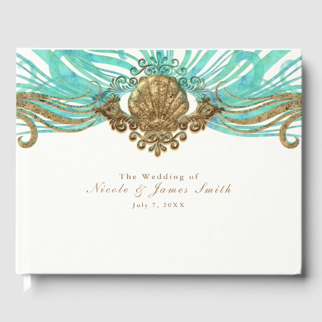 Guld & Teal Sea Snäcka Glam Beach Wedding Elegant Gästböcker (Framsida)