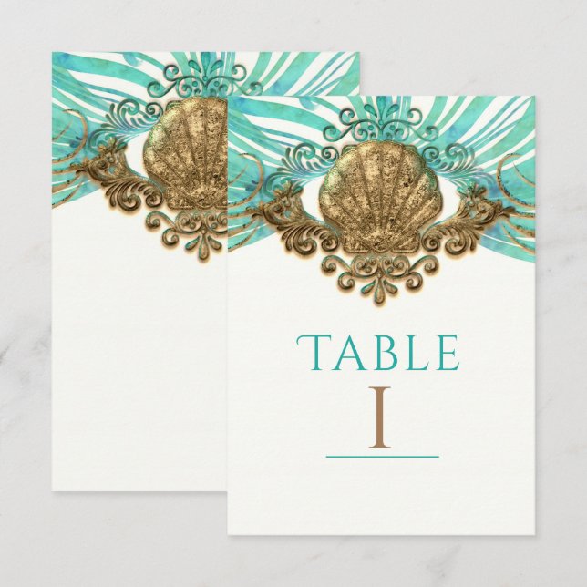 Guld & Teal Sjöskal Glam Strand Bord Nummerkort Inbjudningar (Fram/baksida)