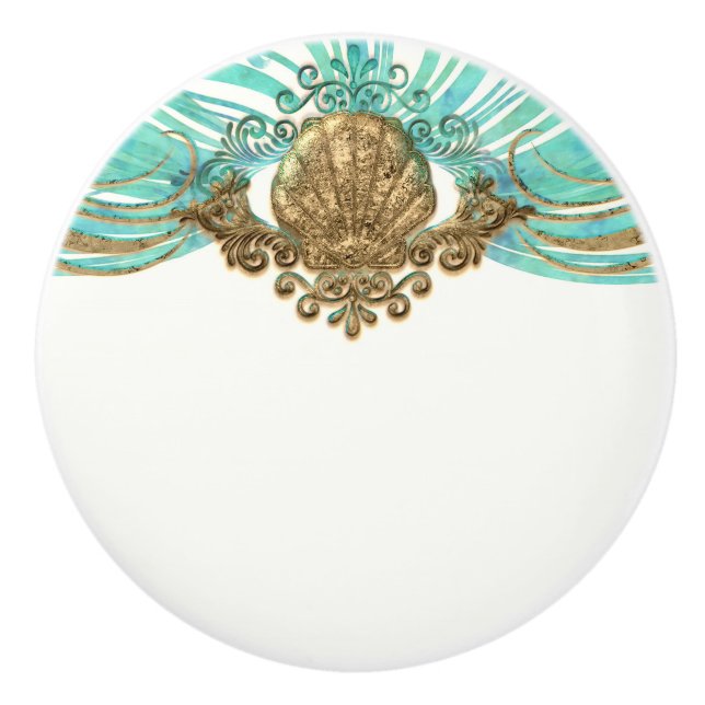 Guld & Teal Sjöskal Glam Strand Elegant Dekor Knopp (Framsidan)
