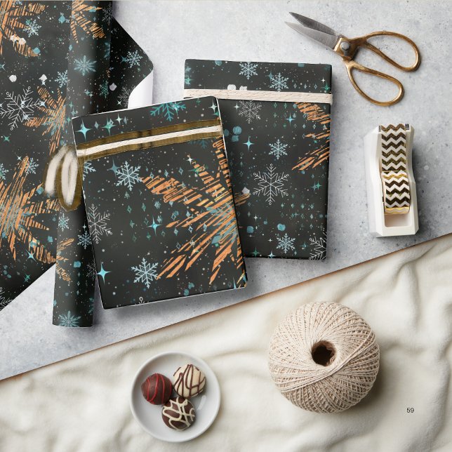 Guld Teal Snowflake-julafton papper Presentpapper (Gold Teal Snowflake Christmas Wrapping paper)