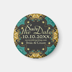 Guld Teal Svart Funky Tribal Spara Datum Magnet