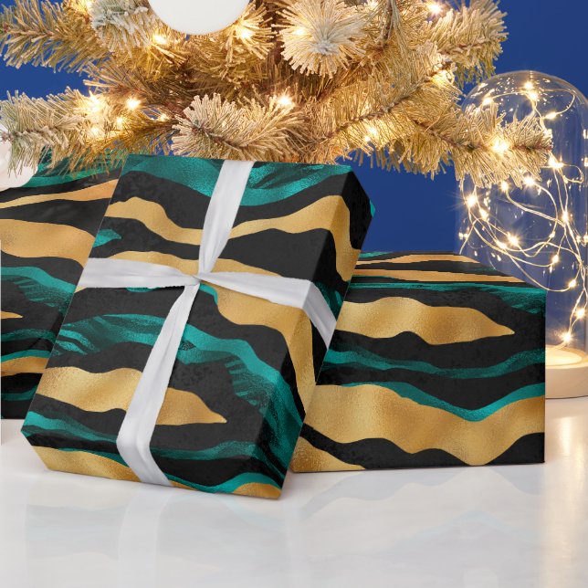 Guld Teal Tiger Ränder | Glam Abstract Djur Presentpapper (Helgdagar)