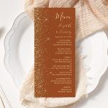 Guld Terracotta Bröllop Meny<br><div class="desc">Den moderna bröllop-menyn på den lämnat kant i eleganten har en guld faux glitter-design. Anpassadet kombinerar handskrift,  rityta och kursivt typsnitt med guld-färgad på en terracotta-bakgrund. Baksidan har en liknande terracotta- och guld glitter-design.</div>