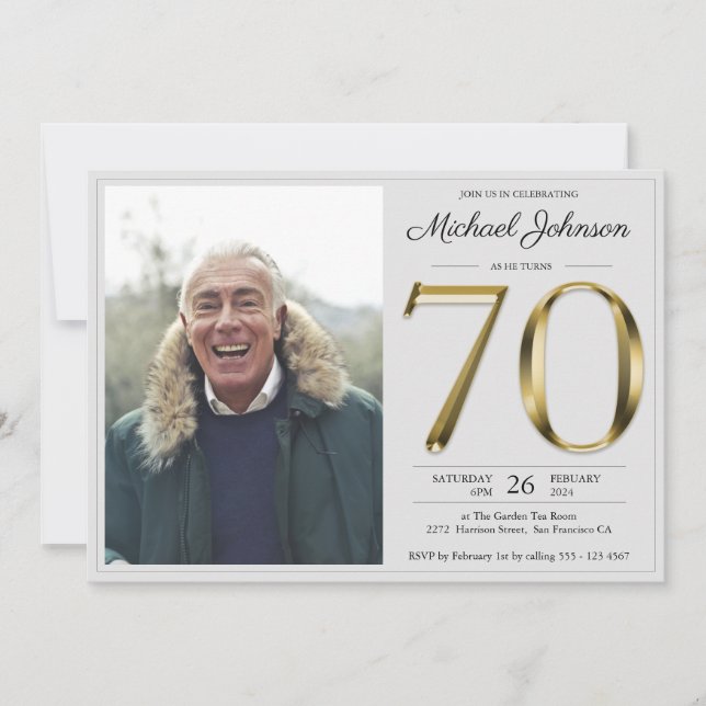 Guld Text Grått Simple Classy Photo 70 Birthday Inbjudningar (Framsida)