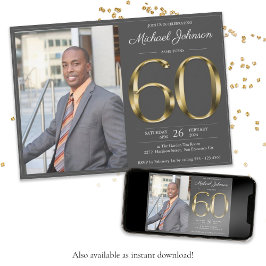 Guld Text Mörk Grått Classy Photo 60:e födelsedage Inbjudningar