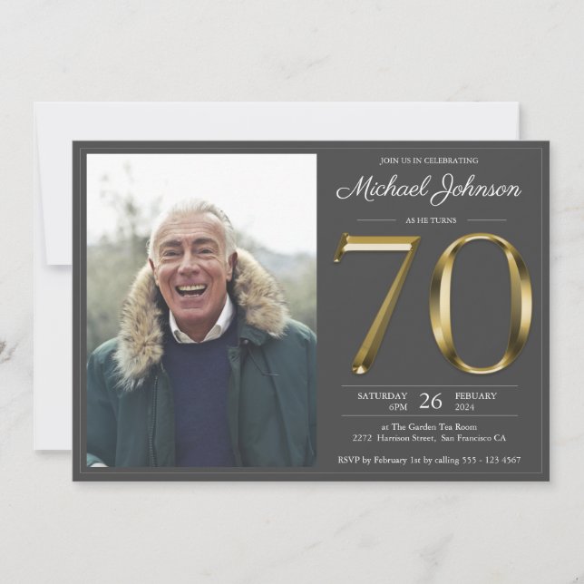 Guld Text Mörk Grått Classy Photo 70 Birthday Inbjudningar (Framsida)