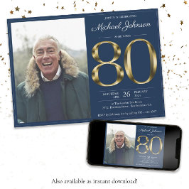Guld Text Navy Blue Classy Photo 80 Birthday Inbjudningar