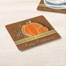 Guld Thanksgiving Pumpkin Löv Underlägg Papper Kvadrat