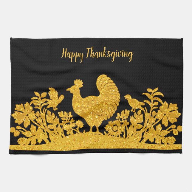 Guld Thanksgiving Turkiet Blommigt Kitchen Towel Kökshandduk (Horisontell)