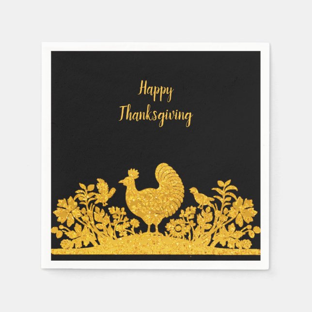 Guld Thanksgiving Turkiet Blommigt Napkins Pappersservett (Framsidan)