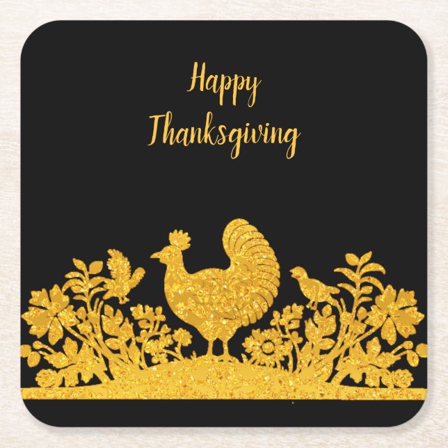 Guld Thanksgiving Turkiet Blommigt Papper Underläg Underlägg Papper Kvadrat (Framsidan)