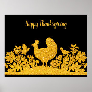 Guld Thanksgiving Turkiet-Blommigten Poster