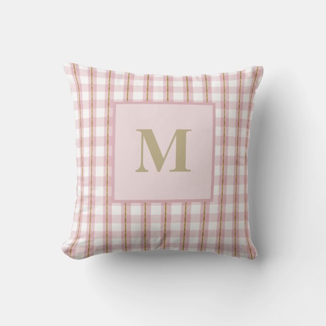 Guld Thread Rosa Gingham Monogram Dekorativ kudde (Framsida)