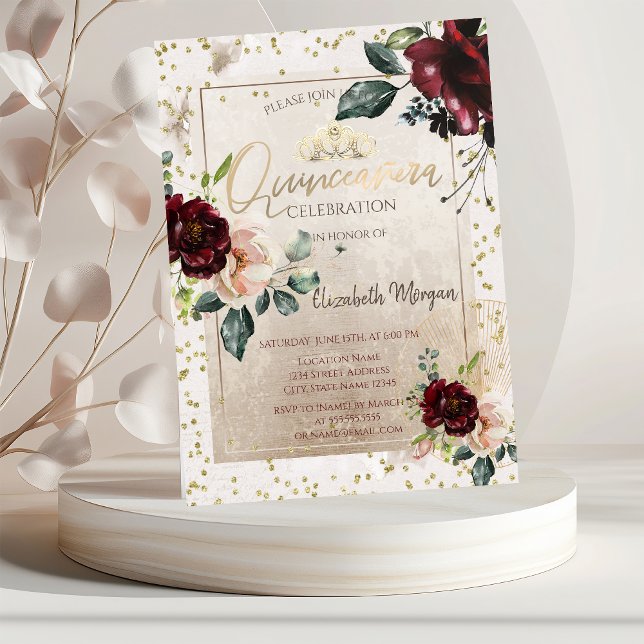 Guld Tiara,Burgundy Flowers Quinceañera Inbjudningar (Skapare uppladdad)