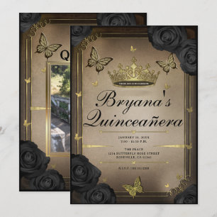 Guld Tiara Butterflies Black Ro Quinceañera Inbjudningar