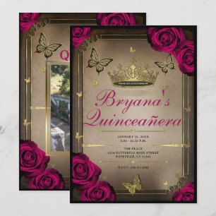 Guld Tiara Butterflies Magenta Ro Quinceañera Inbjudningar