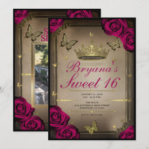 Guld Tiara Butterflies Magenta Ro Sweet 16 Inbjudningar