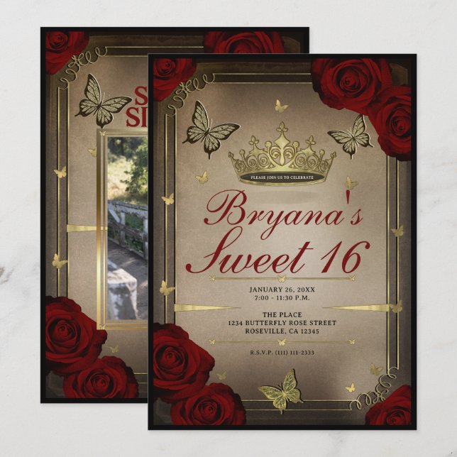 Guld Tiara Butterflies Maroon Ro Sweet 16 Photo Inbjudningar (Fram/baksida)