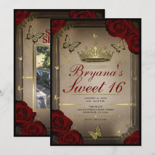 Guld Tiara Butterflies Maroon Ro Sweet 16 Photo Inbjudningar