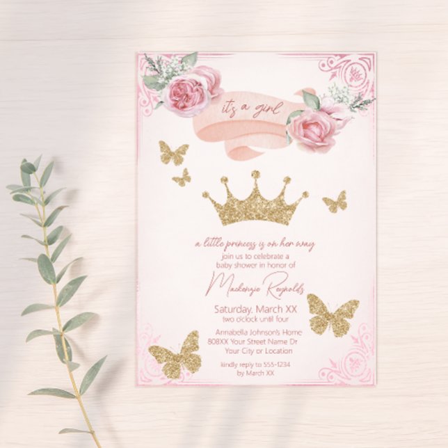 Guld Tiara & Butterflies Princess Baby Shower Inbjudningar (Skapare uppladdad)
