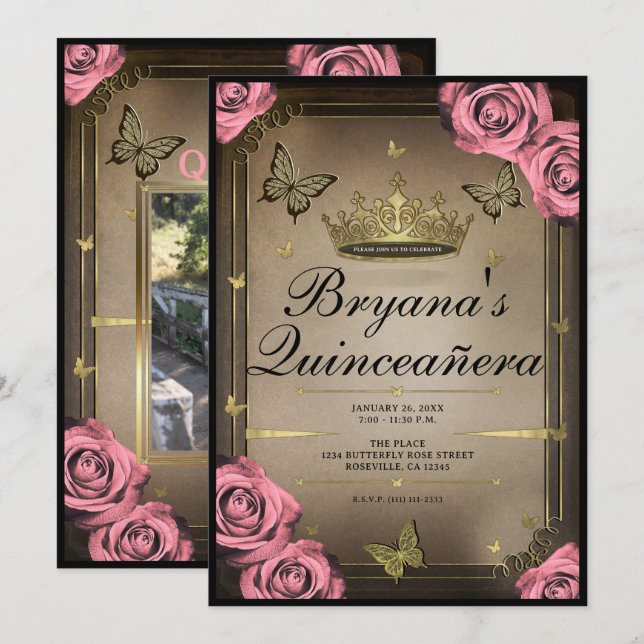 Guld Tiara Butterflies Rosa ros Quinceañera Inbjudningar (Fram/baksida)