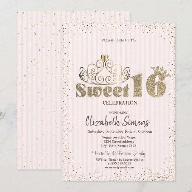 Guld Tiara Confetti Princess Stripe Sweet 16 Inbjudningar (Fram/baksida)